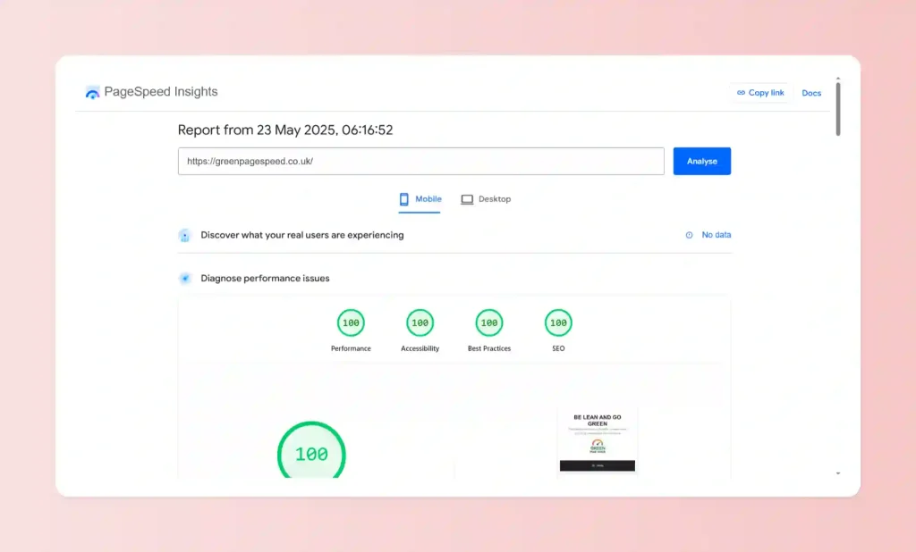An image showing a pagespeed score of the maximum 100/100 using Page Speed Insights. It is on the page Boost WordPress Speed