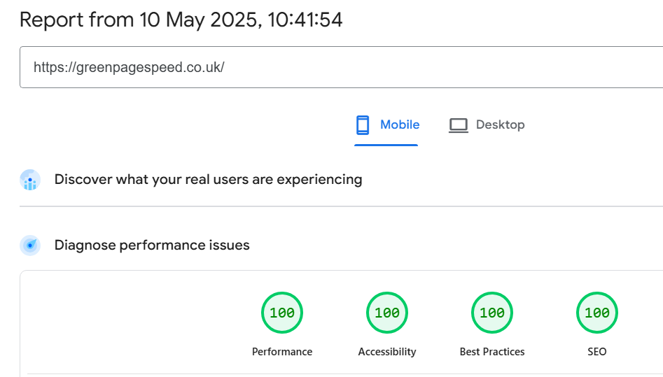 The be lean and go green PSI report of 100/100 for better rankings.