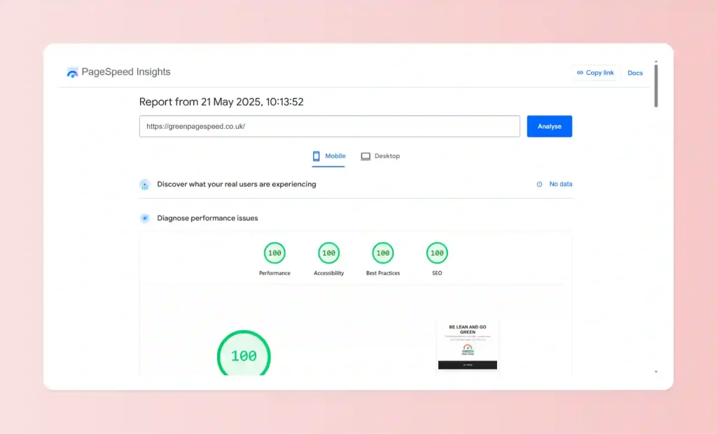 An imarge showing a pagespeed score of the maximum 100/100 using Page Speed Insights.