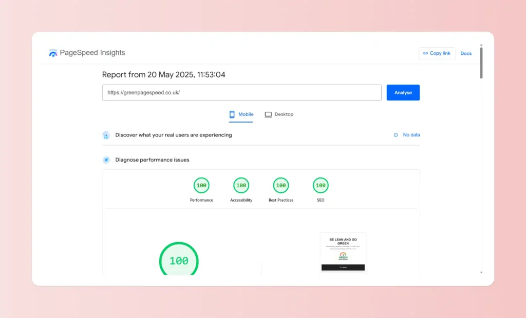 Proof of the maximum 100 for page speed insghts, Google site speed scorer.