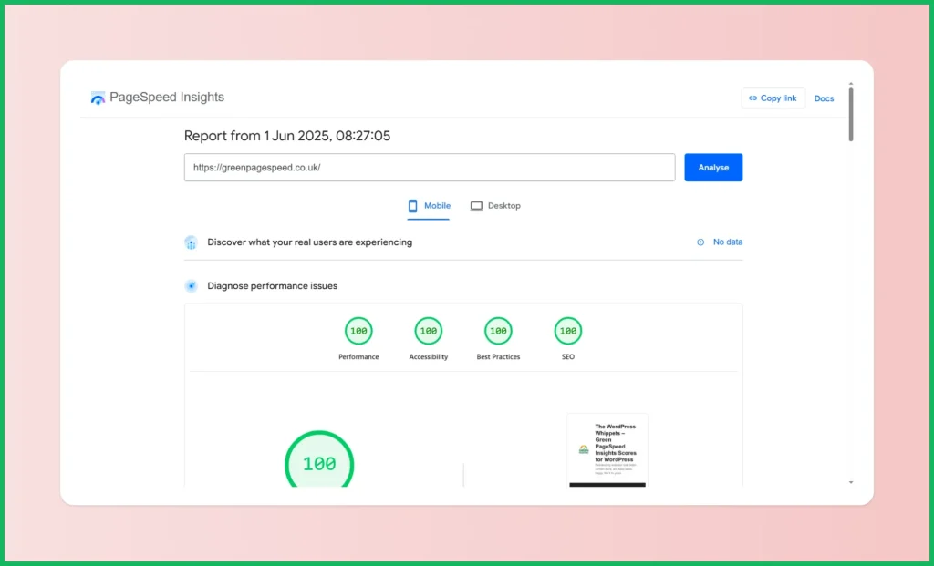 An image of the speed scores for the wordpress whippet: On the page Frequently Asked Questions