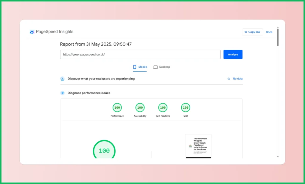 An image of the speed scores for the wordpress whippet: On the page, Better Rankings