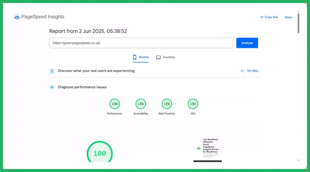 An image of the speed scores for the wordpress whippet: On the page, Frequently Asked Questions