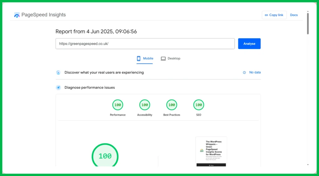 The WordPress Whippets pagespeed scores of the perfect 100/100 on the page Boost WordPress Speed