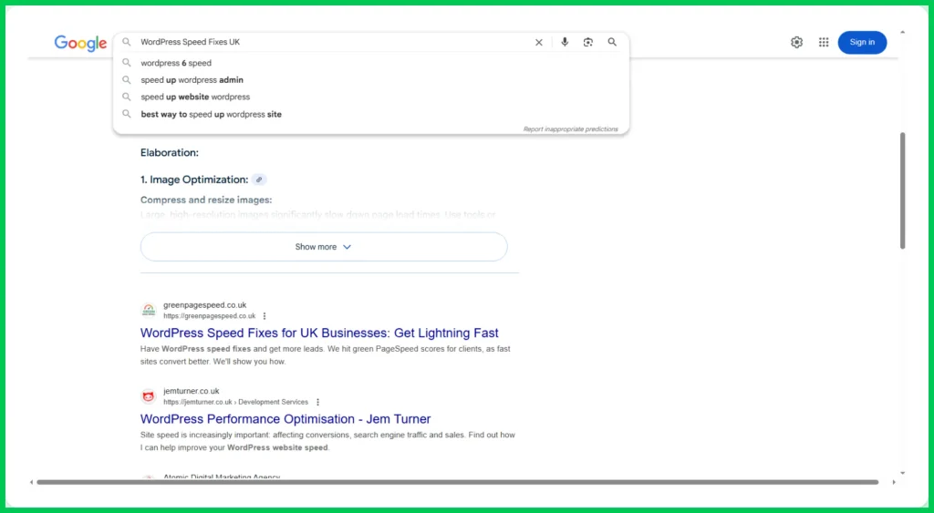 A picture showing greenpagespeed.co.uk, The WordPress Whippets ranking number 1 for the keyword WordPress Speed fixes UK