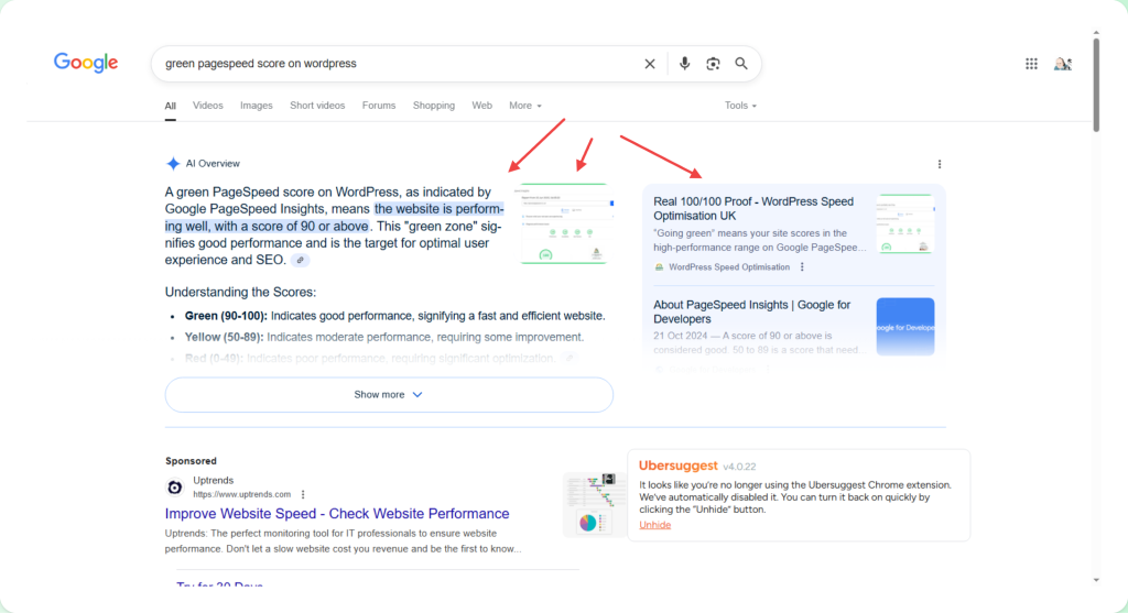 Taking over 2 AI overviews at the top of the SERPS.