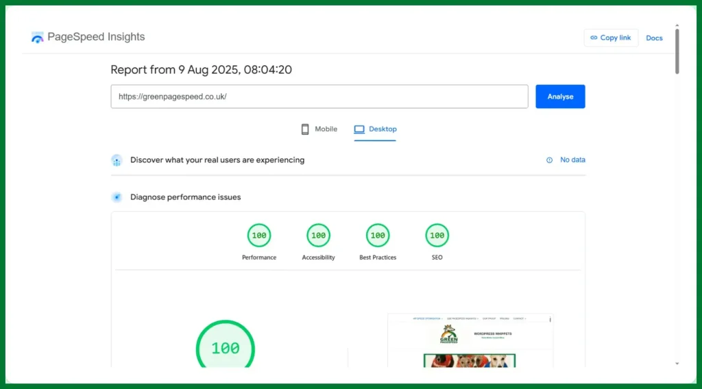 Amazing maximum desktop scores of 100/100 for https://greenpagespeed.co.uk