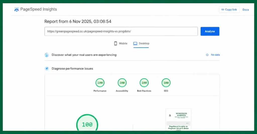 06/11/25 - Green PageSpeed Insights desktop test showing 100/100 scores for Performance, Accessibility, Best Practices, and SEO.