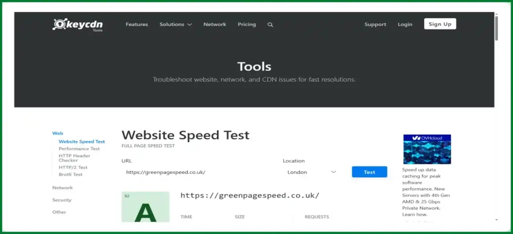 Alt text:20/10/25 - Green Page Speed achieving an A grade (92) on the KeyCDN Website Speed Test from London, confirming excellent global load performance and CDN delivery.