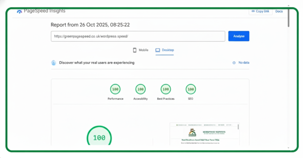 26/10/25 - Green Page Speed desktop PageSpeed Insights report showing perfect 100 scores for Performance, Accessibility, Best Practices, and SEO.