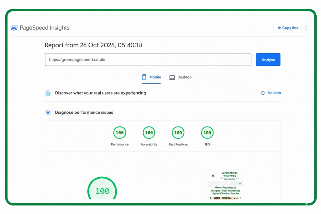 26/10/25 -Green Page Speed achieving 100/100 across Performance, Accessibility, Best Practices, and SEO in Google PageSpeed Insights.