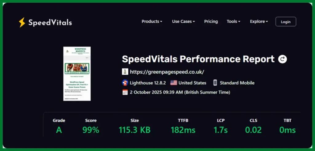 02/10/2025 - Green PageSpeed SpeedVitals report – 99% score, Grade A, 115 KB size, 182ms TTFB, 1.7s LCP, 0.02 CLS, 0ms TBT