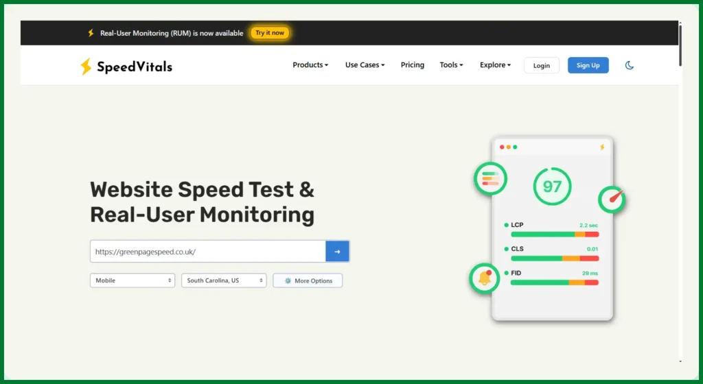02/10/2025 SpeedVitals homepage - Website Speed Test & Real-User Monitoring displayed with example score 97, LCP 2.2s, CLS 0.01, FID 29ms