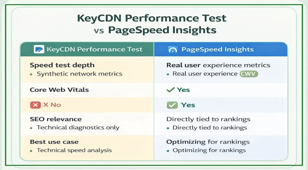 pagespeed insights vs keycdn performance test comparison showing core web vitals and seo differences