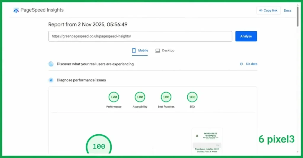 02/11/25 Green PageSpeed Insights mobile test confirming perfect 100/100 scores across all four metrics.