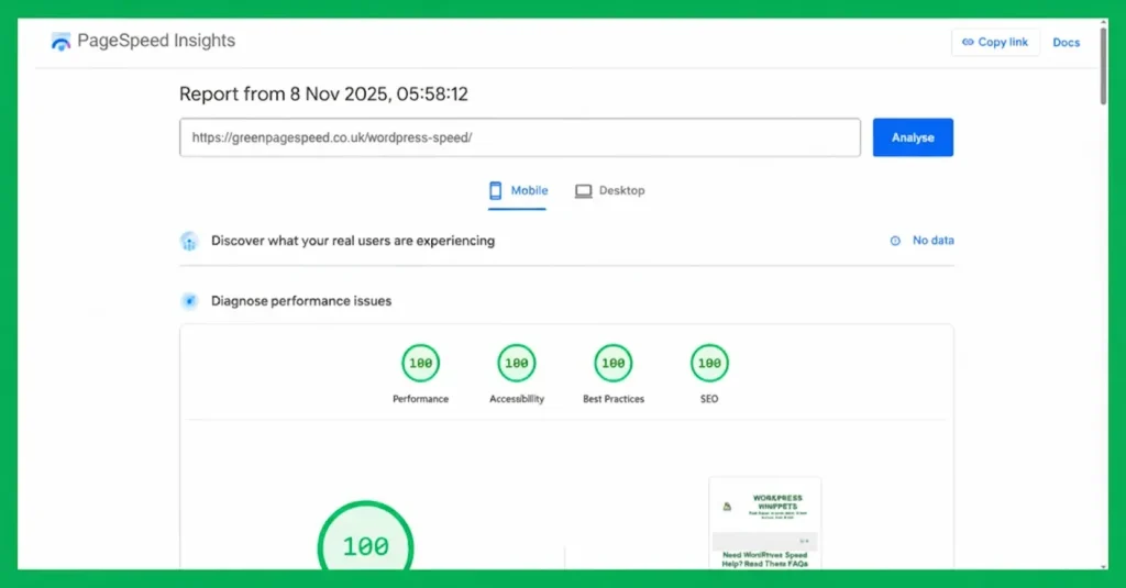 08/11/25 - PageSpeed Insights mobile test for Green Page Speed’s WordPress Speed page showing perfect 100 scores in Performance, Accessibility, Best Practices, and SEO, bordered in the brand’s signature green.