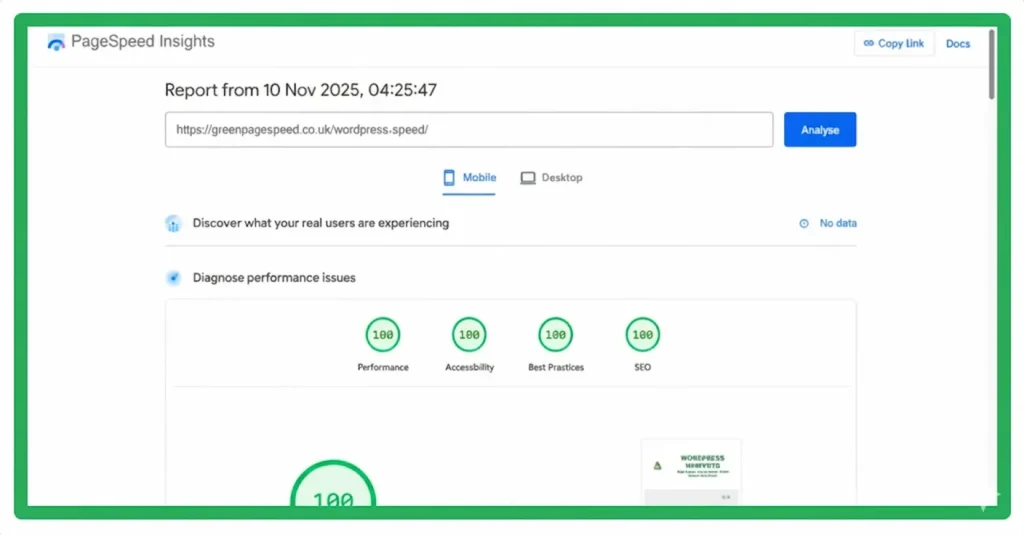 10/11/25 - Green PageSpeed Insights mobile report showing full 100/100 results across Performance, Accessibility, Best Practices, and SEO for a WordPress speed test.