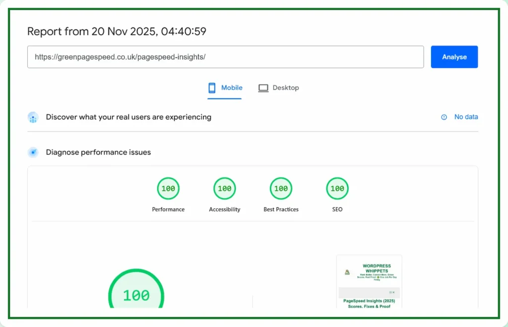 20/11/25 PageSpeed Insights mobile test showing greenpagespeed.co.uk scoring 100 for performance, accessibility, best practices and SEO.