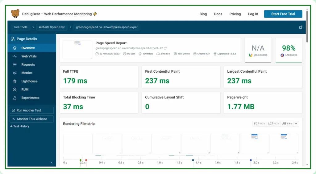 22/11/25 Green PageSpeed DebugBear test showing TTFB 179 ms FCP 237 ms LCP 237 ms total blocking time 37 ms and CLS 0 for the wordpress speed expert page