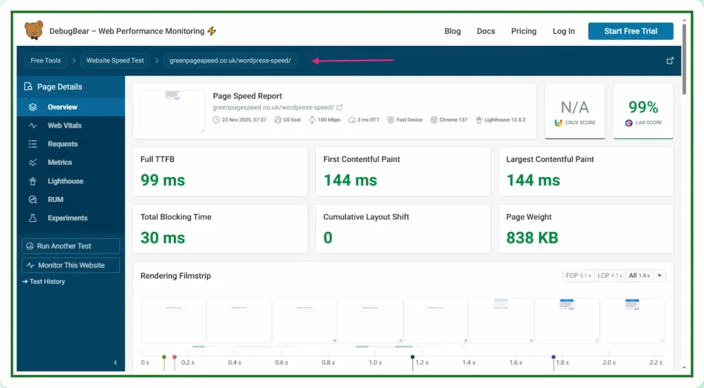 23/11/25 - DebugBear performance test showing Green PageSpeed with 99 ms TTFB, 144 ms FCP, 144 ms Largest Contentful Paint, 30 ms total blocking time, 0 CLS, and an 838 KB page weight.