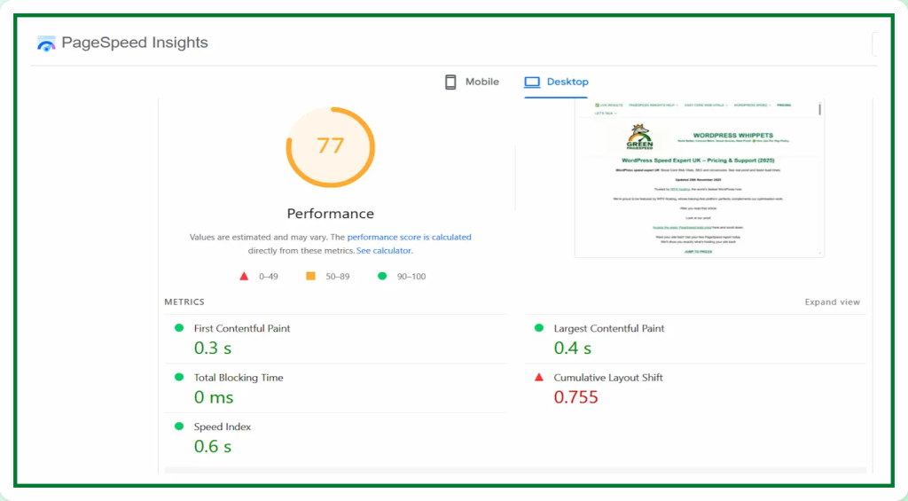 25/11/25 - PageSpeed Insights desktop test showing a performance score of 77 with fast metrics for FCP, TBT, Speed Index and LCP, but a high CLS, (Cumulative Layout Shift) value of 0.755 highlighted in red beside the page preview for the Green PageSpeed pricing section.