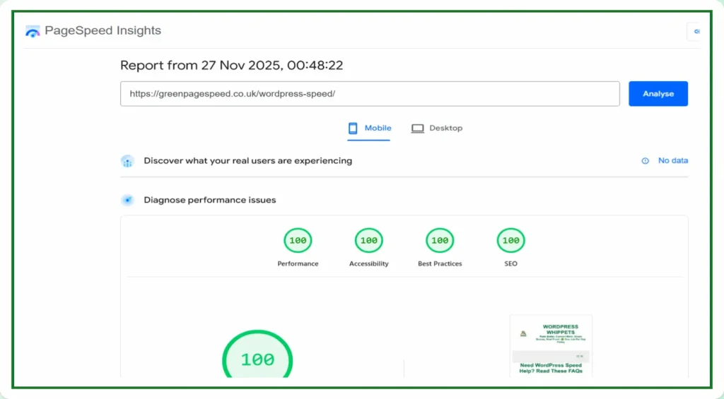 27/11/25 Google PageSpeed Insights mobile test for https://greenpagespeed.co.uk/wordpress-speed/ recorded at 00:48 showing perfect 100 scores for Performance, Accessibility, Best Practices, and SEO with all four PSI category circles displaying 100 and the mobile tab selected