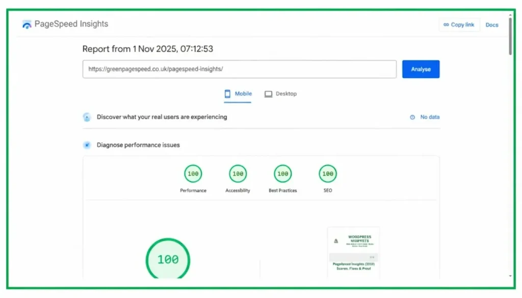 01/11/25 PageSpeed Insights mobile test showing Green Page Speed’s /pagespeed-insights/ page achieving perfect 100 scores for Performance, Accessibility, Best Practices, and SEO.