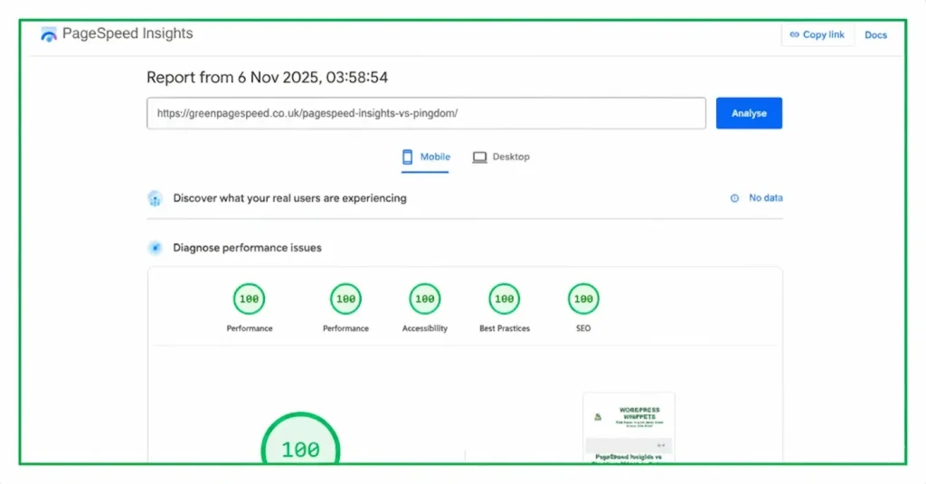6/11/25 - Green PageSpeed Insights vs Pingdom test result showing full 100/100 scores across Performance, Accessibility, Best Practices, and SEO on mobile.