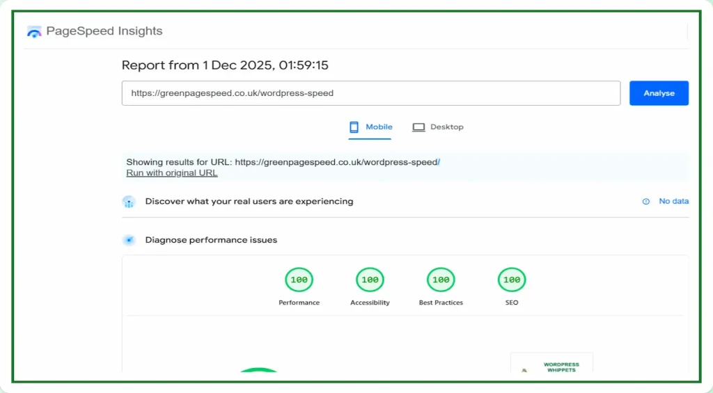 01/12/2025 mobile PSI test for the WordPress Speed page showing full 100 scores for Performance, Accessibility, Best Practices, and SEO.