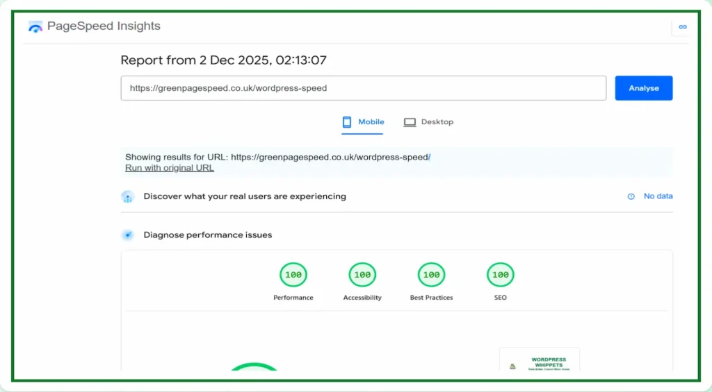 02/12/25 mobile PageSpeed Insights result for the WordPress Speed page showing 100 performance, 100 accessibility, 100 best practices and 100 SEO