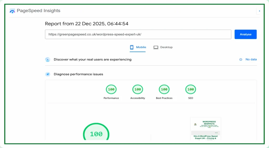 22/12/25 Green PageSpeed Insights mobile test showing 100/100 scores for Performance, Accessibility, Best Practices and SEO on the WordPress Speed Expert UK page