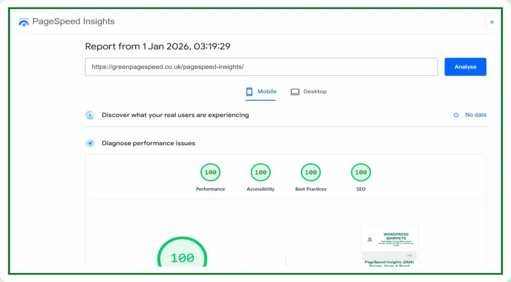 01/01/26 Google PageSpeed Insights mobile report showing perfect 100 scores for Performance, Accessibility, Best Practices, and SEO on greenpagespeed.co.uk