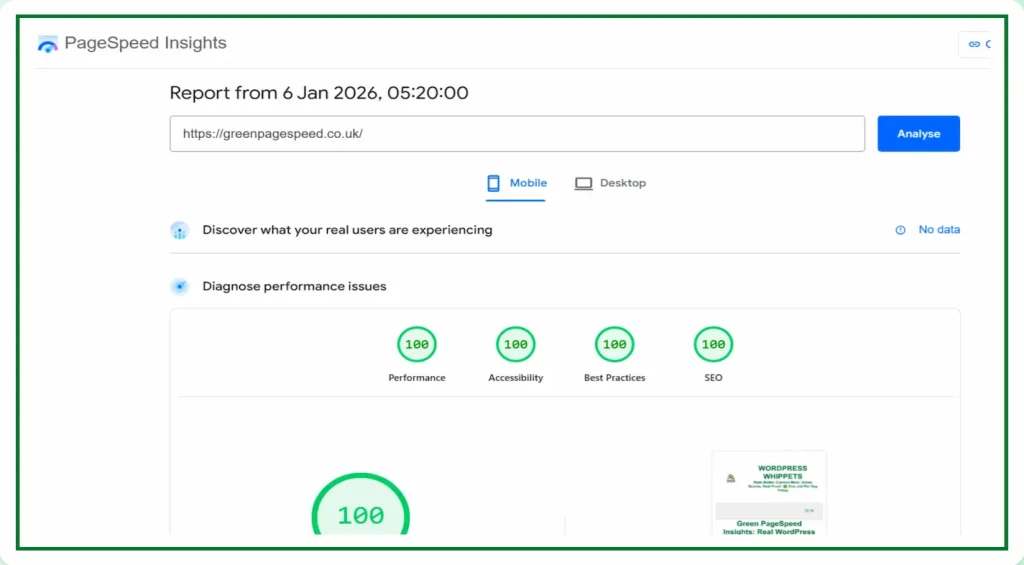 06/01/26 Google PageSpeed Insights mobile test showing the greenpagespeed.co.uk homepage achieving 100 performance, 100 accessibility, 100 best practices and 100 SEO