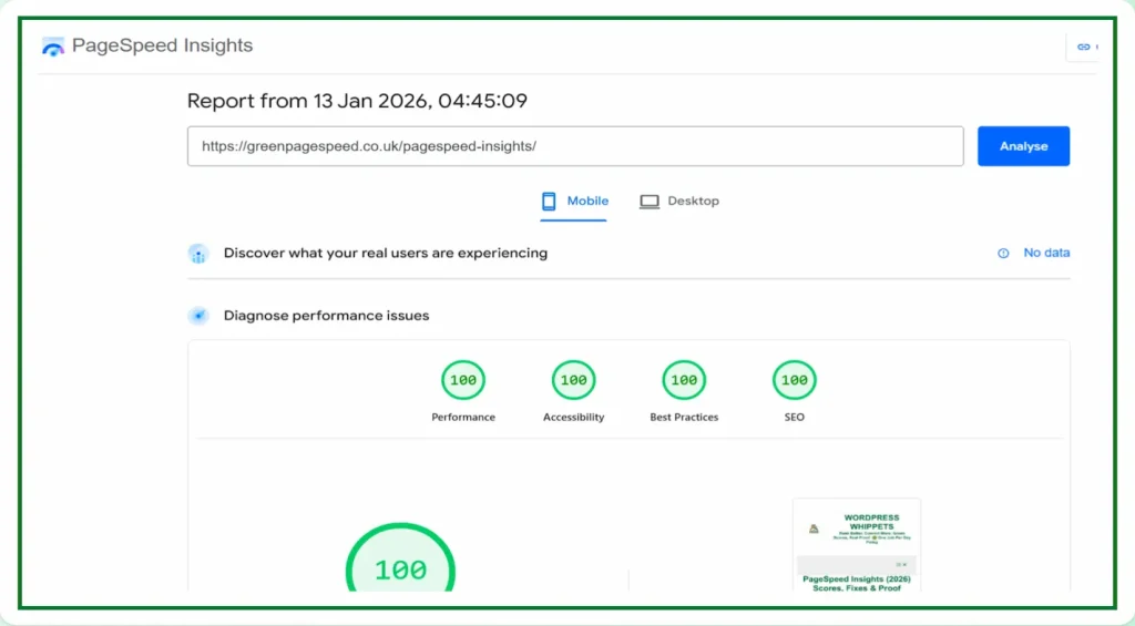 13/01/26 Google PageSpeed Insights mobile report for greenpagespeed.co.uk showing 100 scores for Performance, Accessibility, Best Practices and SEO.