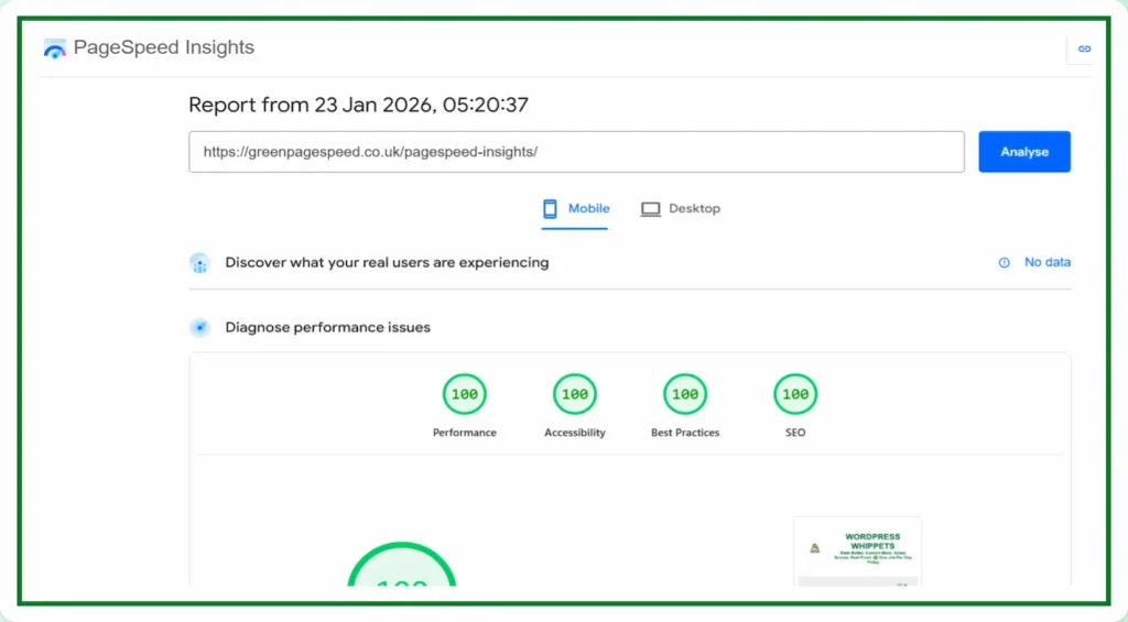 23/01/26 Google PageSpeed Insights mobile test showing 100 performance, accessibility, best practices and SEO scores for the Green PageSpeed website.