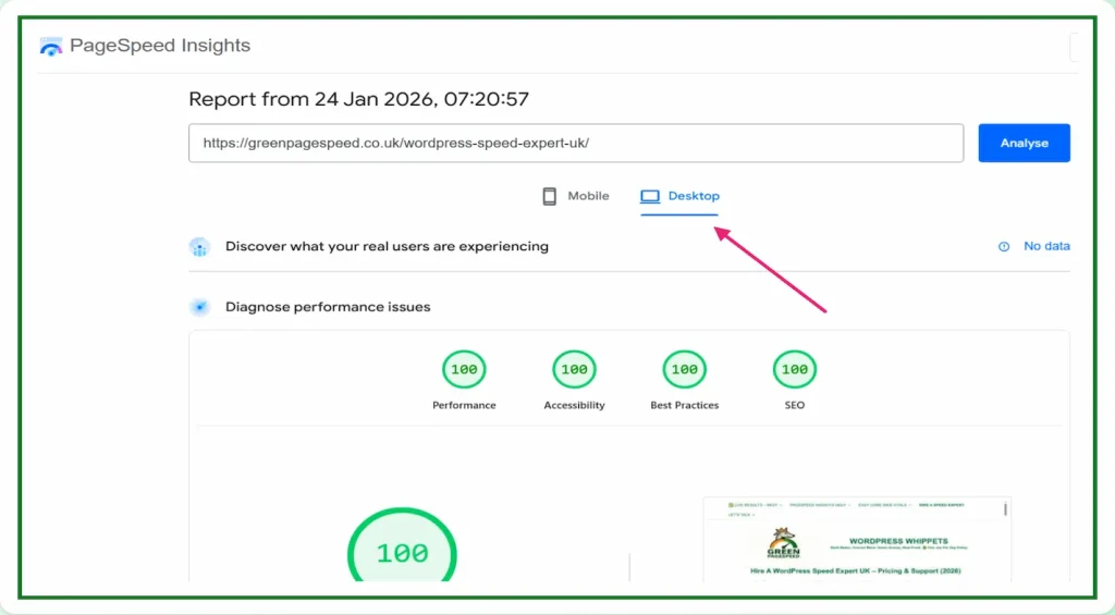 24/01/26 PageSpeed Insights desktop test confirming full green scores across performance, accessibility, best practices and SEO.