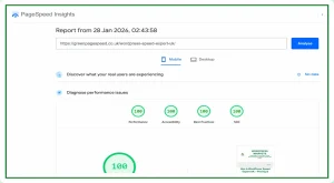 28/01/26 / PageSpeed Insights mobile test confirming 100/100 scores for performance, accessibility, best practices and SEO on a WordPress speed expert page.