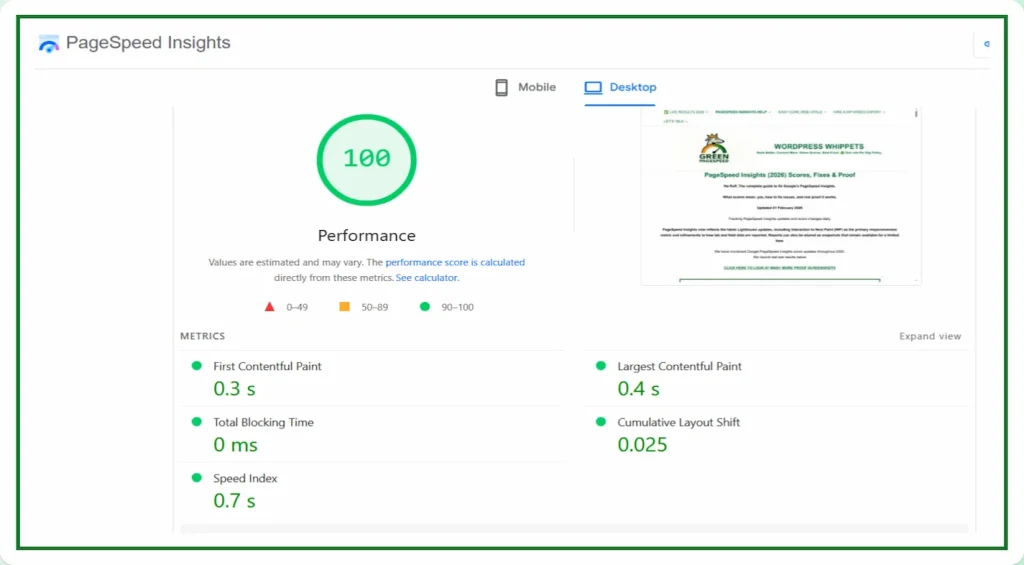 February - PageSpeed Insights desktop test for Green PageSpeed showing performance score 100, First Contentful Paint 0.3 s, Largest Contentful Paint 0.4 s, Total Blocking Time 0 ms, Speed Index 0.7 s and Cumulative Layout Shift 0.025