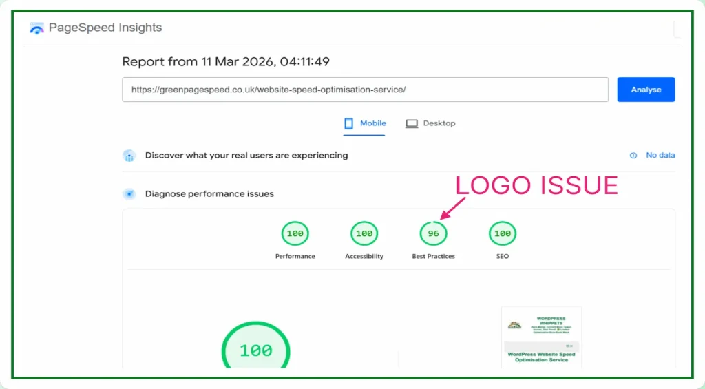 11/03/26 PageSpeed Insights test for Green Page Speed WordPress speed optimisation service page showing 100 Performance, 100 Accessibility, 96 Best Practices due to logo issue, and 100 SEO.