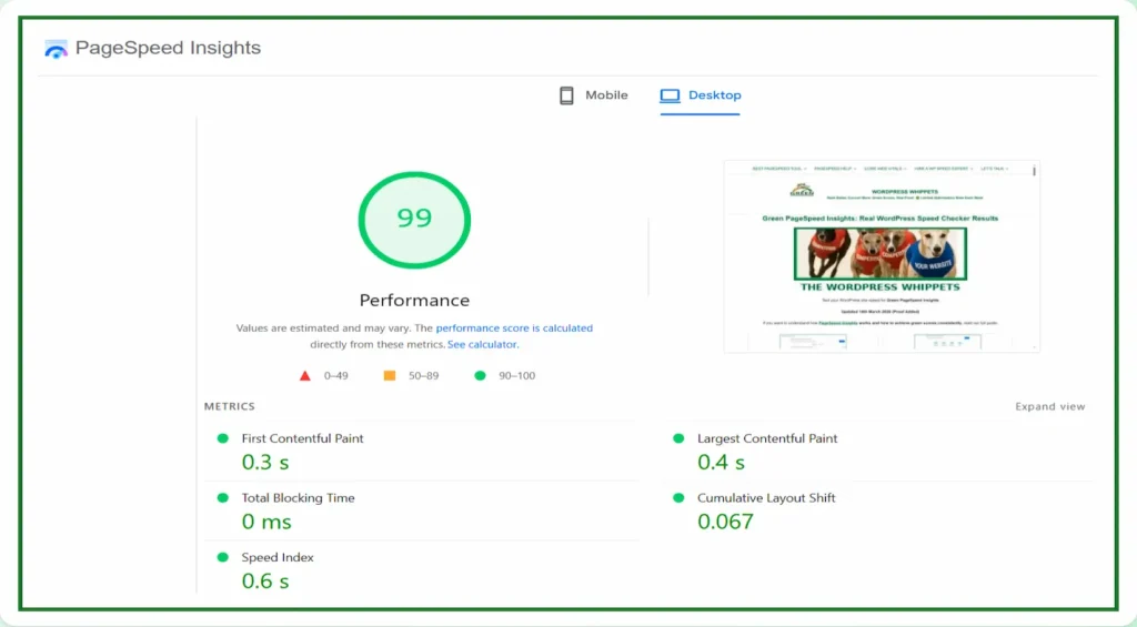 17/03/26 Green PageSpeed Insights desktop test showing 99 performance score with 0.3s FCP, 0ms TBT, 0.6s Speed Index, 0.4s LCP and 0.067 CLS.