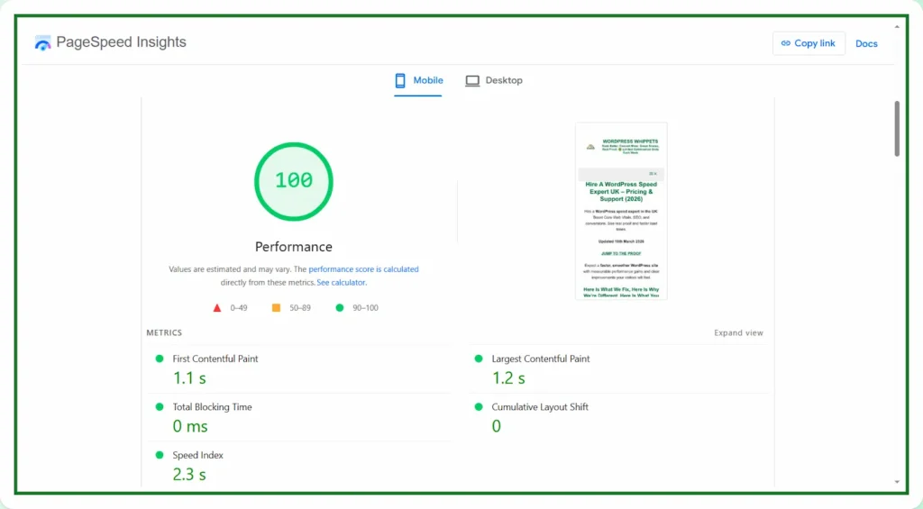 19/03/26 Green PageSpeed mobile PageSpeed Insights performance score 100 with Core Web Vitals metrics including 1.1 second First Contentful Paint 1.2 second Largest Contentful Paint zero Total Blocking Time and zero Cumulative Layout Shift