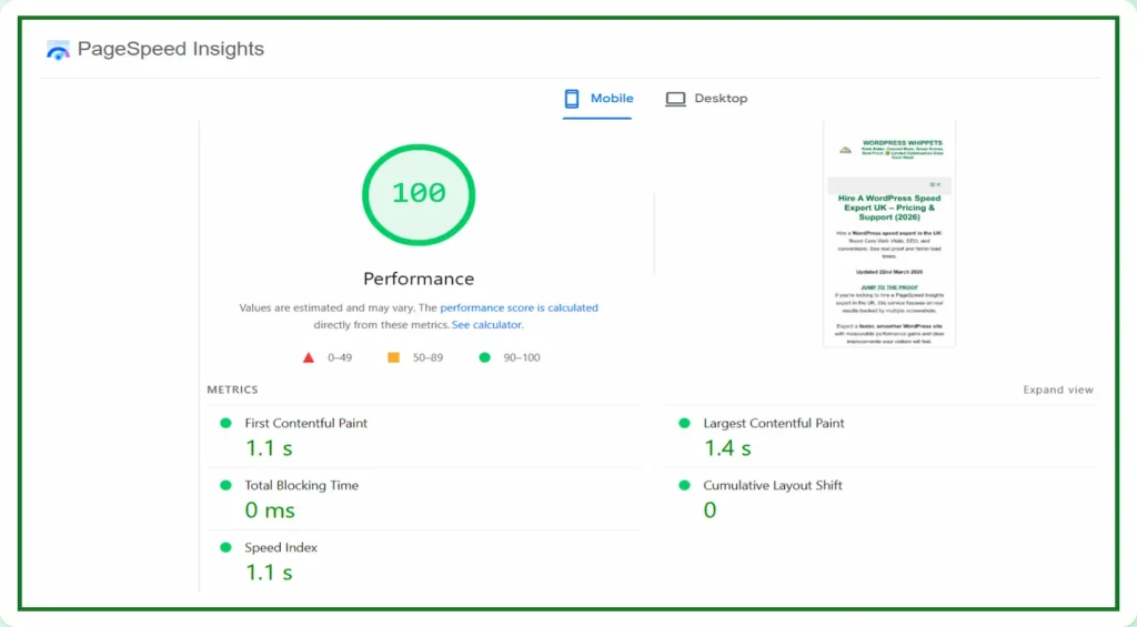 23/03/26 - PageSpeed Insights mobile score 100 with Core Web Vitals metrics showing 1.1s FCP, 1.4s LCP, 0ms TBT and 0 CLS 23/03/26