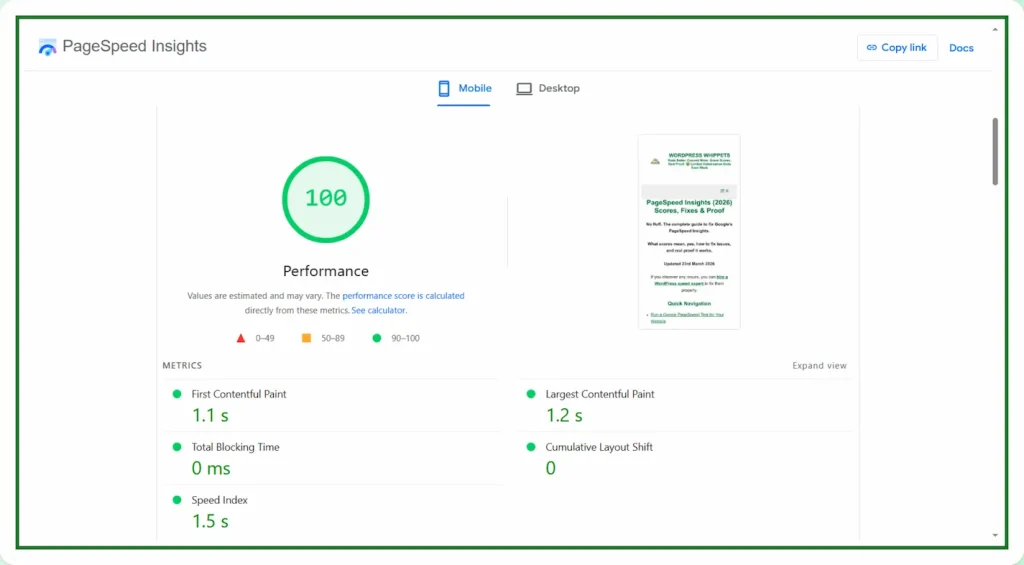 24/03/26 PageSpeed Insights performance report showing a perfect 100 score on mobile for the Green Page Speed website. The image displays strong Core Web Vitals including First Contentful Paint at 1.1 seconds, Largest Contentful Paint at 1.2 seconds, Total Blocking Time at 0 milliseconds, Speed Index at 1.5 seconds, and Cumulative Layout Shift at 0. The screenshot highlights real proof of fast loading, stable layout, and excellent user experience metrics within Google’s PageSpeed Insights tool.