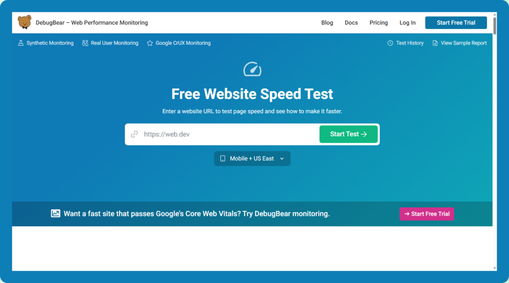 24/03/26 DebugBear free website speed test interface showing URL input field, green “Start Test” button, mobile US East test location selector, and navigation options for synthetic monitoring, real user monitoring, and Google CrUX data on a blue gradient background.