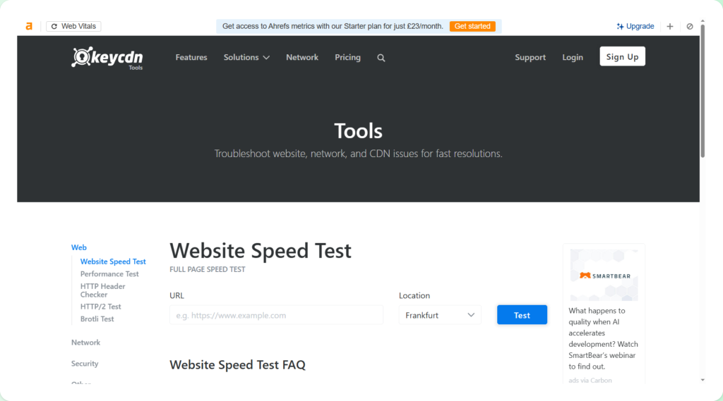 24/03/26 KeyCDN website speed test tool page showing a full page performance testing interface. The image displays a URL input field with a selectable test location set to Frankfurt, along with options for analysing website speed and network performance. It highlights how KeyCDN focuses on measuring load times and technical performance metrics, providing insights into website speed and delivery efficiency through its testing tools.