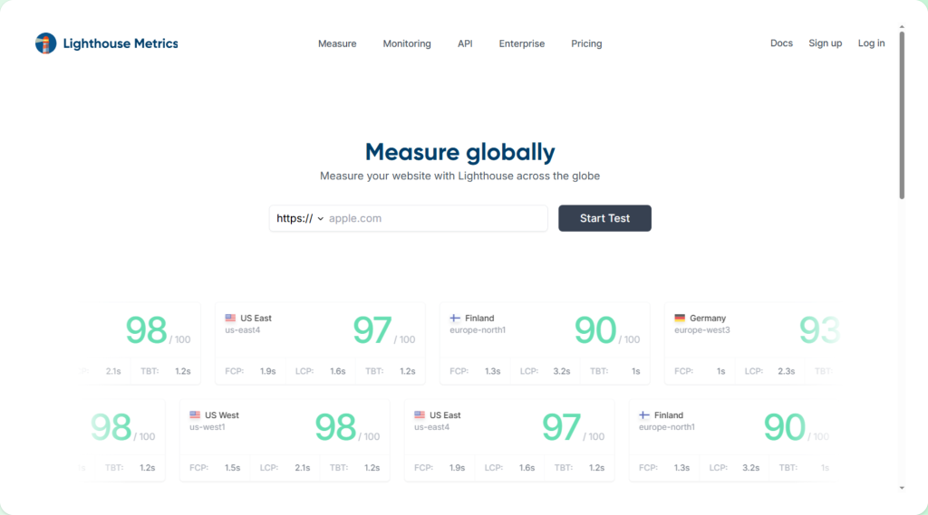 24/03/26 Lighthouse Metrics speed test interface showing global performance scores across multiple regions including US East, US West, Finland, and Germany. The image displays performance scores ranging from 90 to 98 out of 100, along with key metrics such as First Contentful Paint, Largest Contentful Paint, and Total Blocking Time. It highlights how Lighthouse provides regional performance insights rather than a single unified score, demonstrating variation in results depending on test location.