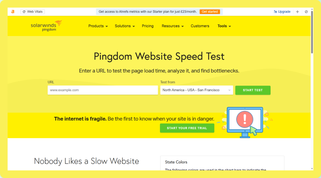 24/03/26 Pingdom website speed test homepage showing the interface used to analyse website load performance. The image displays a URL input field with a “Start Test” button, along with a test location selector set to North America. It highlights how Pingdom focuses on page load time analysis and identifying performance bottlenecks, providing insights into how quickly a website loads from different locations.