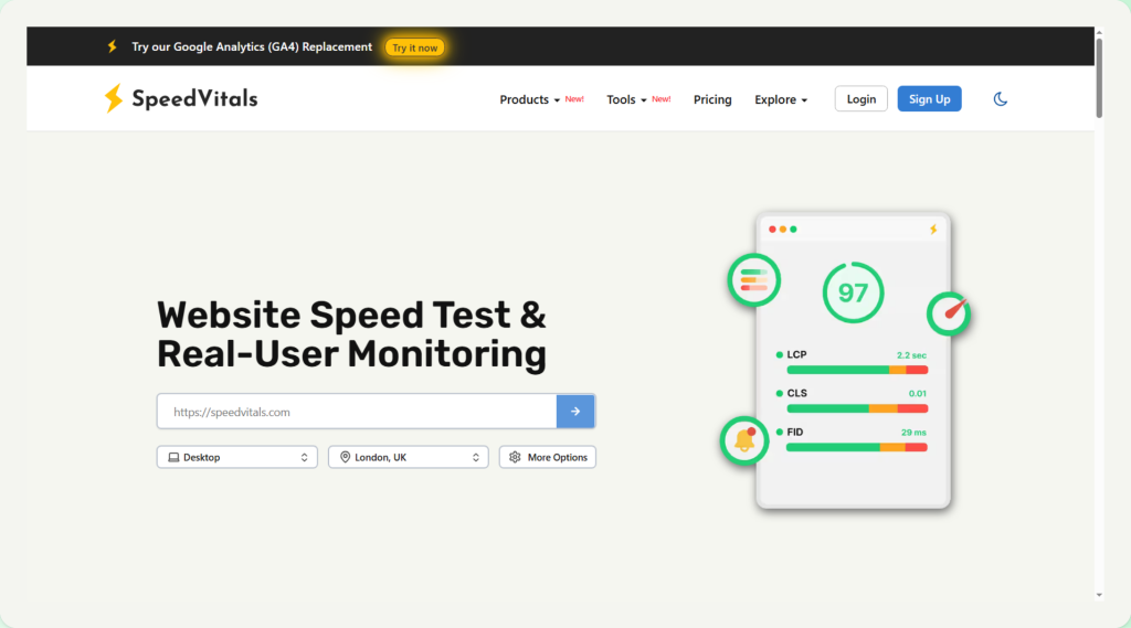 24/03/26 SpeedVitals website speed test and real user monitoring tool showing performance metrics including a score of 97, Largest Contentful Paint at 2.2 seconds, Cumulative Layout Shift at 0.01, and First Input Delay at 29 milliseconds. The image displays a URL input field with options for device and location selection, highlighting how SpeedVitals combines lab data and real user monitoring to evaluate website speed and user experience performance.