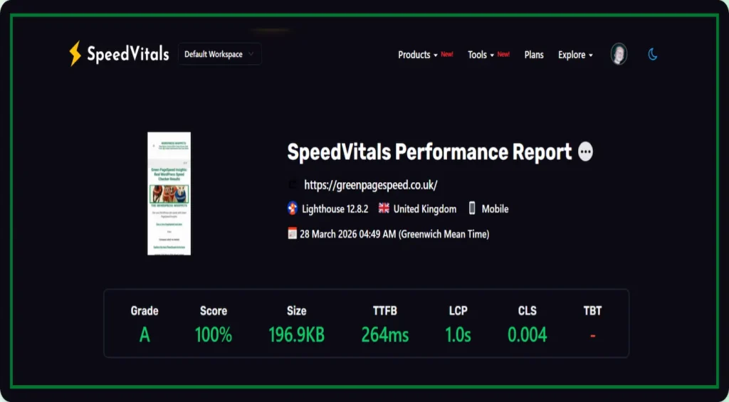 28/03/26 SpeedVitals performance report showing 100% score for Green PageSpeed website with 196.9KB page size, 264ms TTFB, 1.0s LCP and 0.004 CLS in PageSpeed Insights vs SpeedVitals comparison