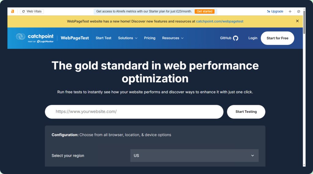 24/03/26 WebPageTest homepage interface showing the tool used for advanced website performance testing. The image displays a URL input field with a “Start Testing” button, along with configuration options for browser, location, and device selection. It highlights how WebPageTest provides detailed performance analysis, including testing from different regions and environments to identify loading behaviour and optimisation opportunities.